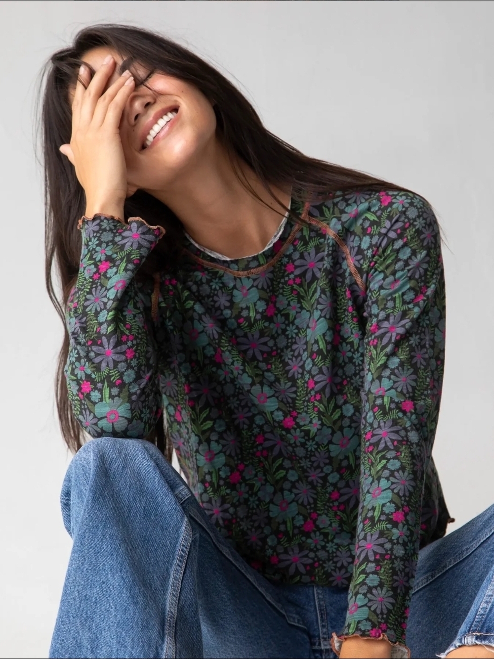 NATURAL LIFE Dark Green Floral Long Sleeve Crewneck Shirt - Picture 8 of 8